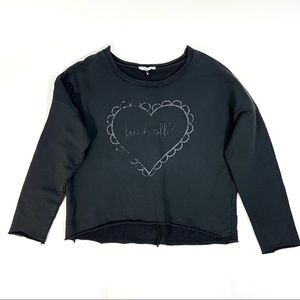 BERNA Women's Black Printed Front Raw Edges Dropped Shoulder Sweatshirt S